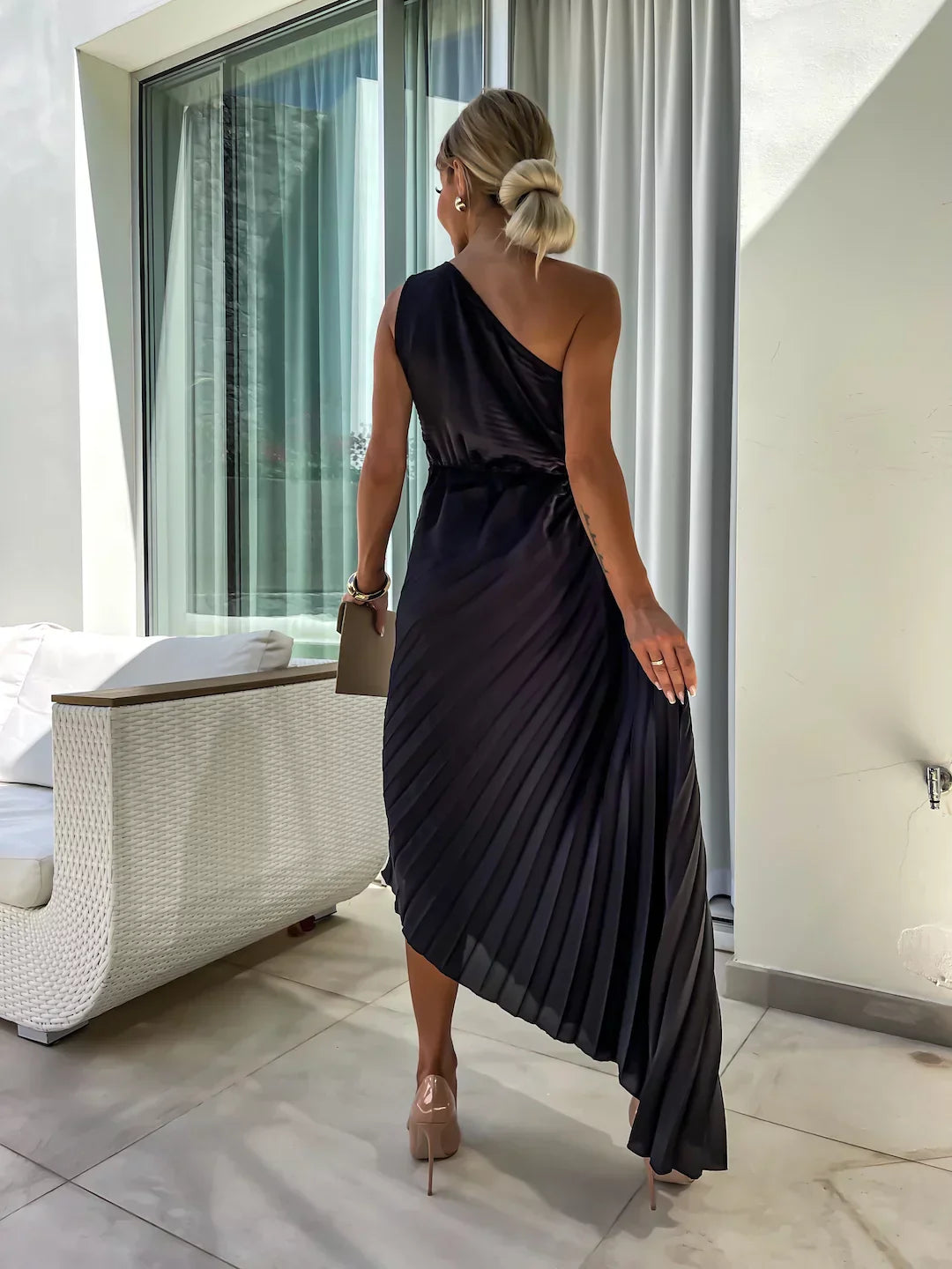 Isabella | Chic One Shoulder Pleated Midi Dress