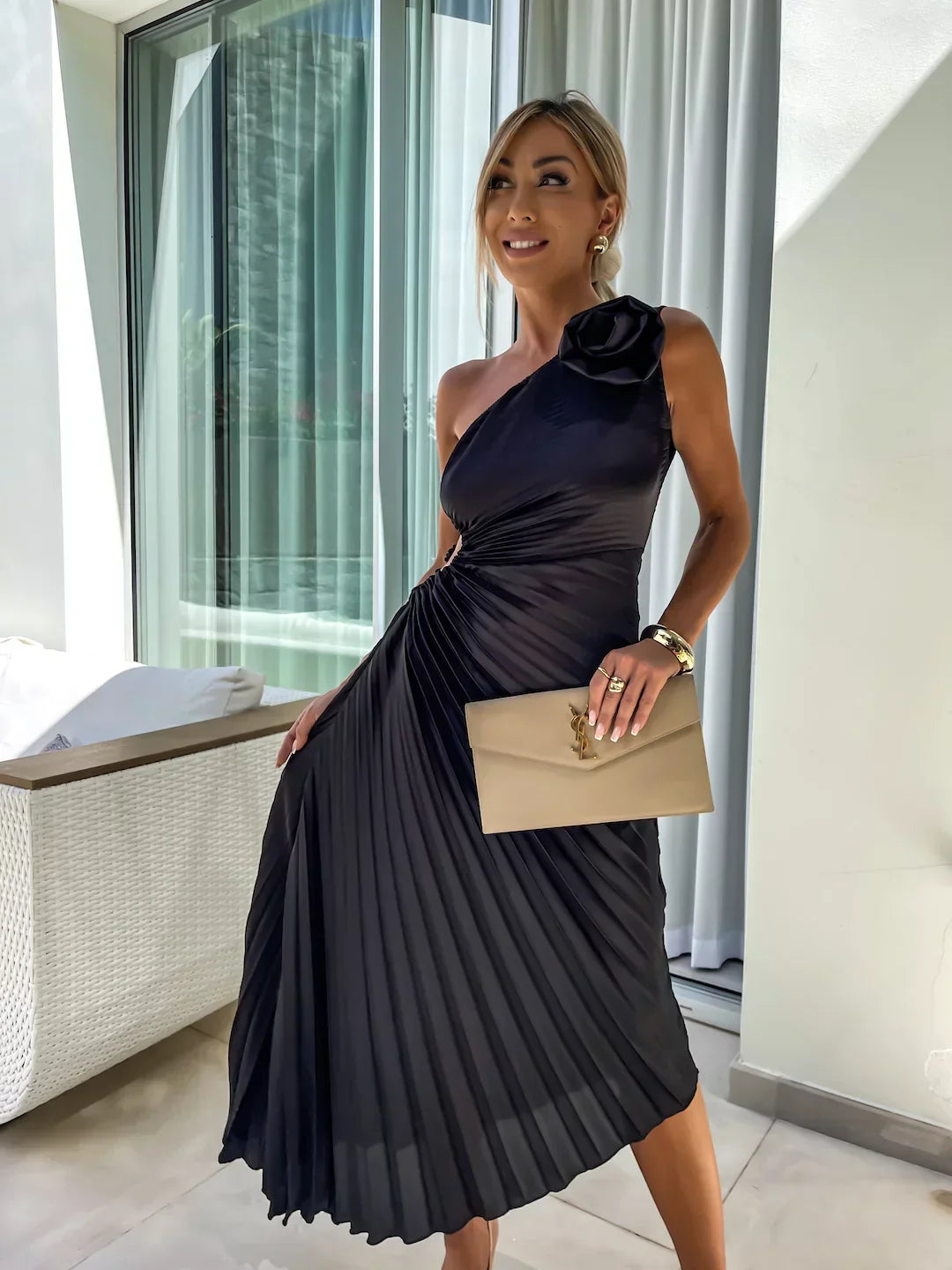 Sybil | Elegant One-Shoulder Pleated Midi Dress