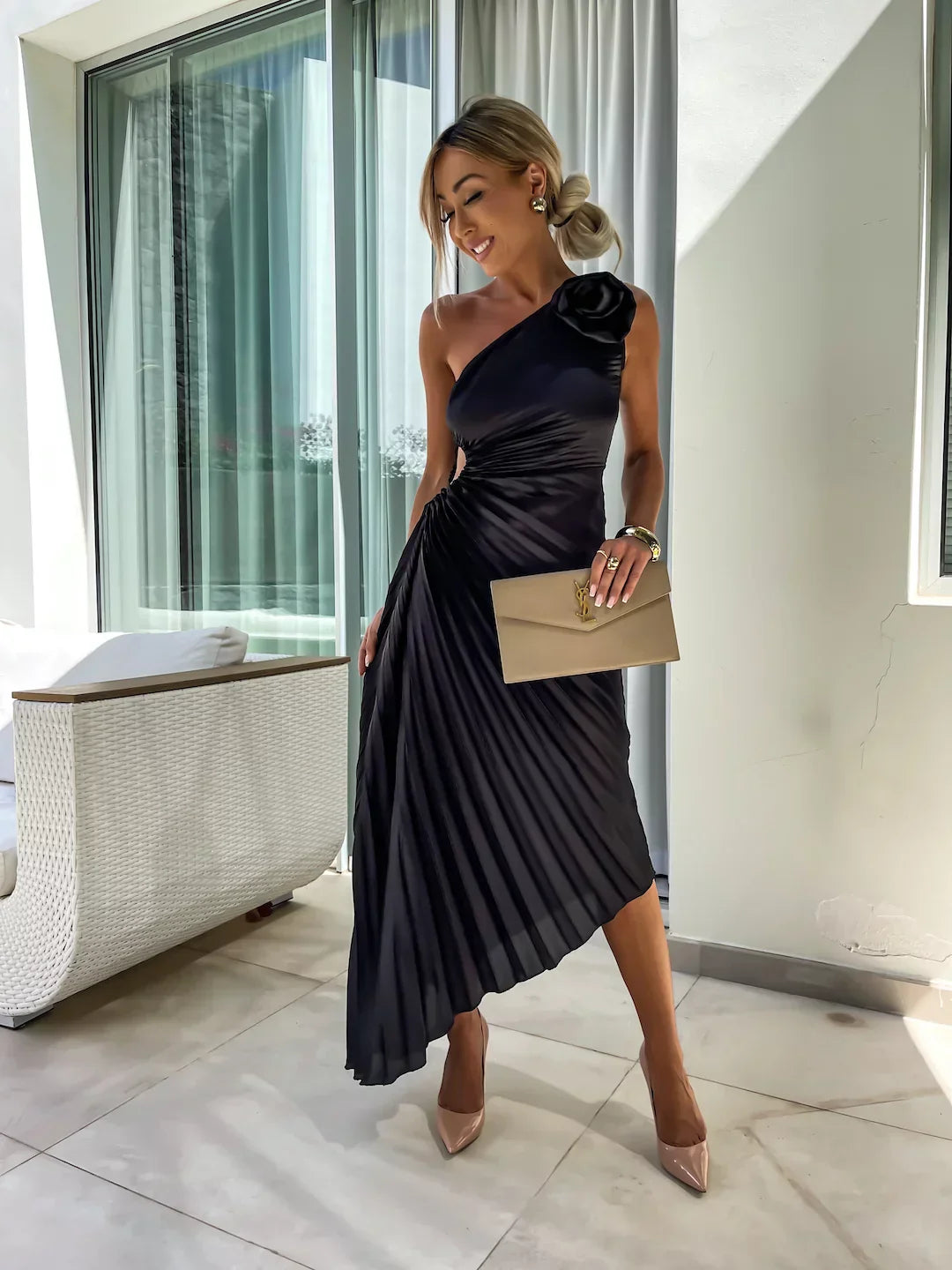 Isabella | Chic One Shoulder Pleated Midi Dress