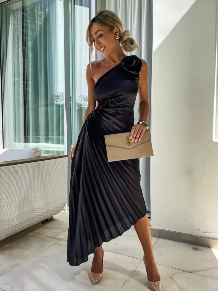 Sybil | Elegant One-Shoulder Pleated Midi Dress