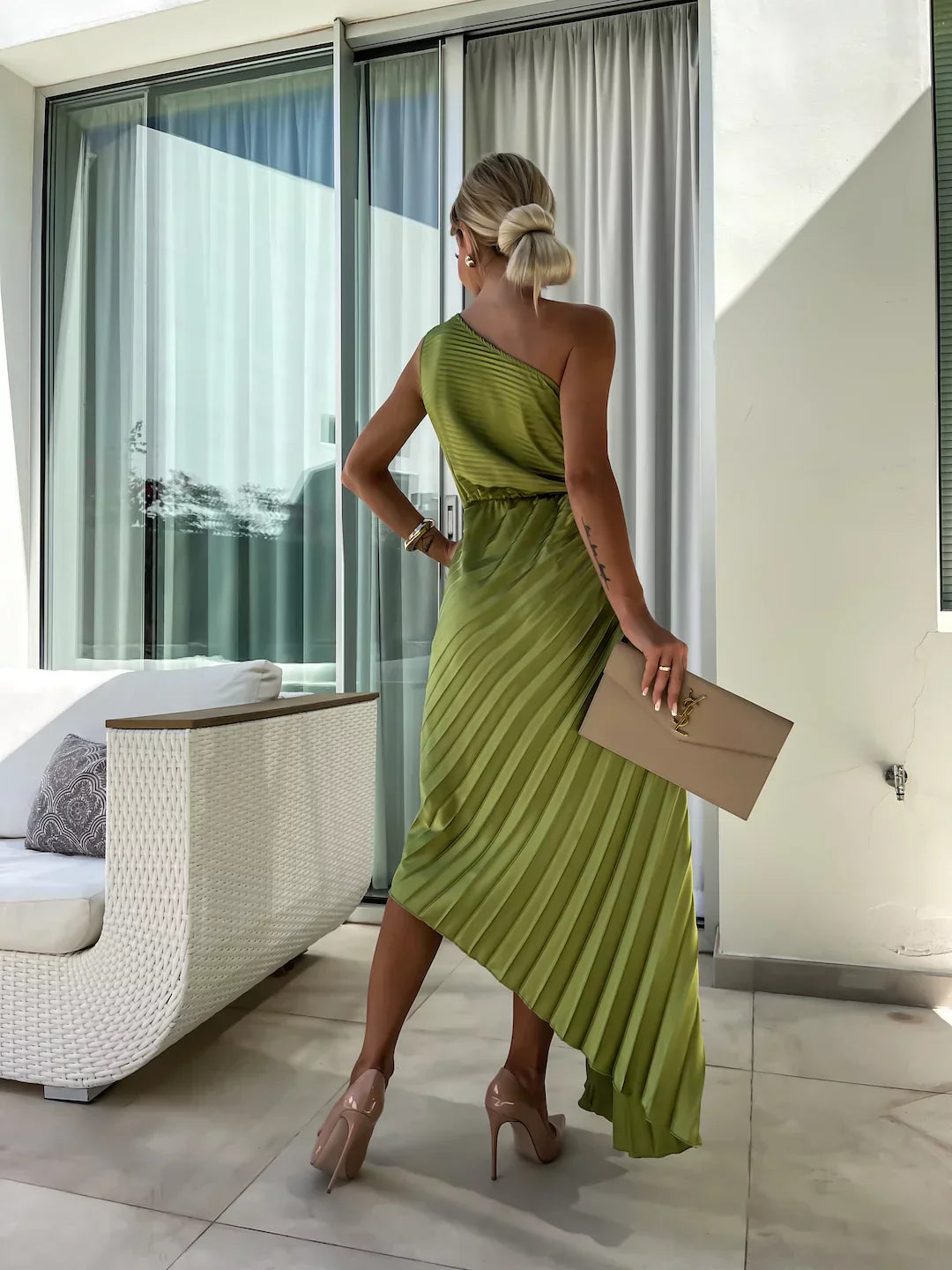 Isabella | Chic One Shoulder Pleated Midi Dress