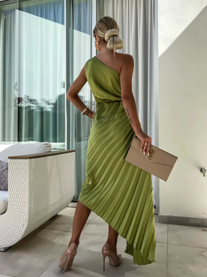 Sybil | Elegant One-Shoulder Pleated Midi Dress