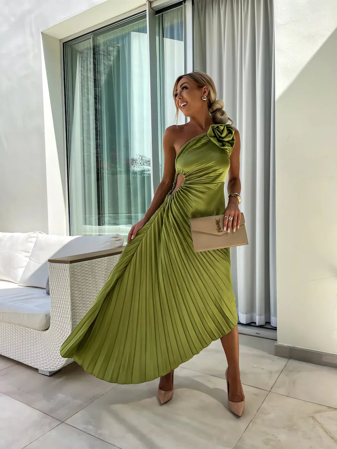 Isabella | Chic One Shoulder Pleated Midi Dress