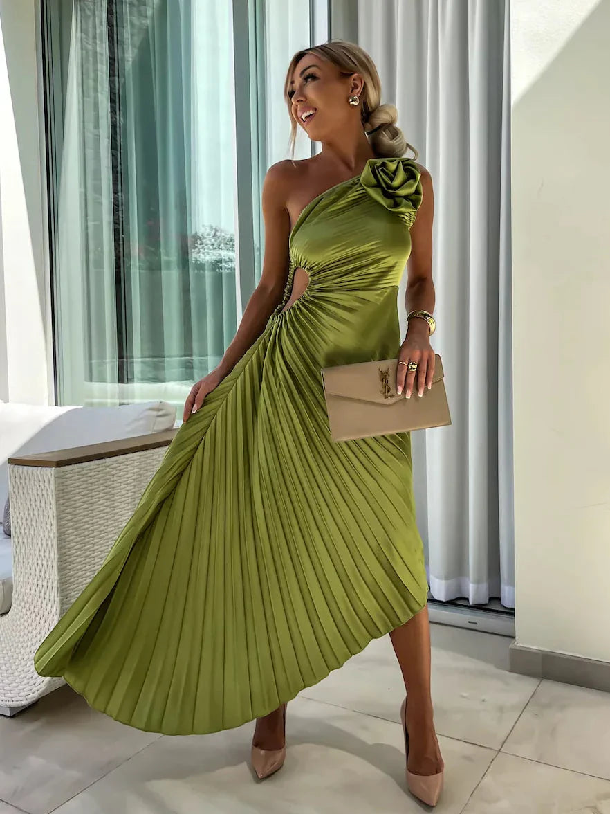 Sybil | Elegant One-Shoulder Pleated Midi Dress