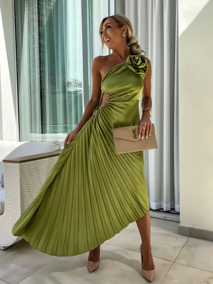 Sybil | Elegant One-Shoulder Pleated Midi Dress
