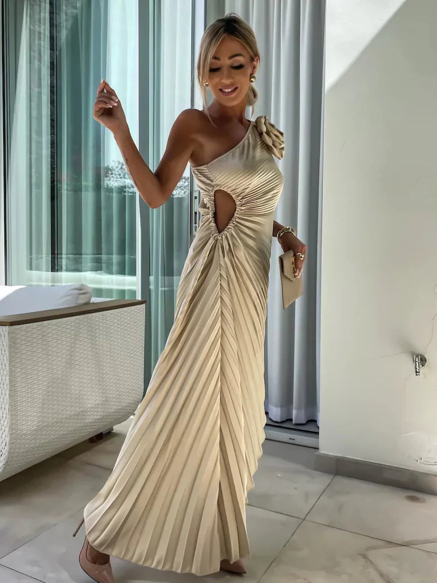 Sybil | Elegant One-Shoulder Pleated Midi Dress