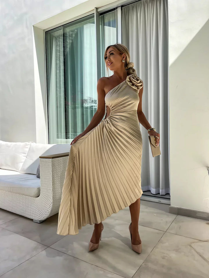 Isabella | Chic One Shoulder Pleated Midi Dress