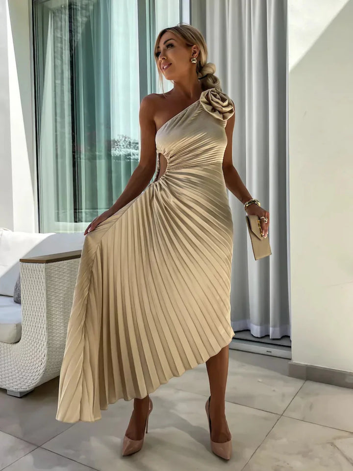 Sybil | Elegant One-Shoulder Pleated Midi Dress
