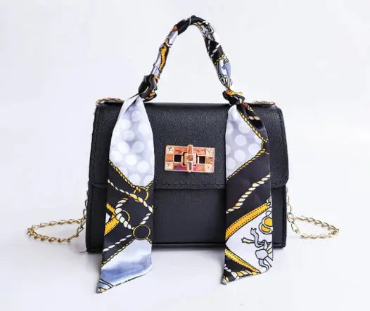 Freya | Elegant Black Chain Crossbody Bag With Scarf Handle