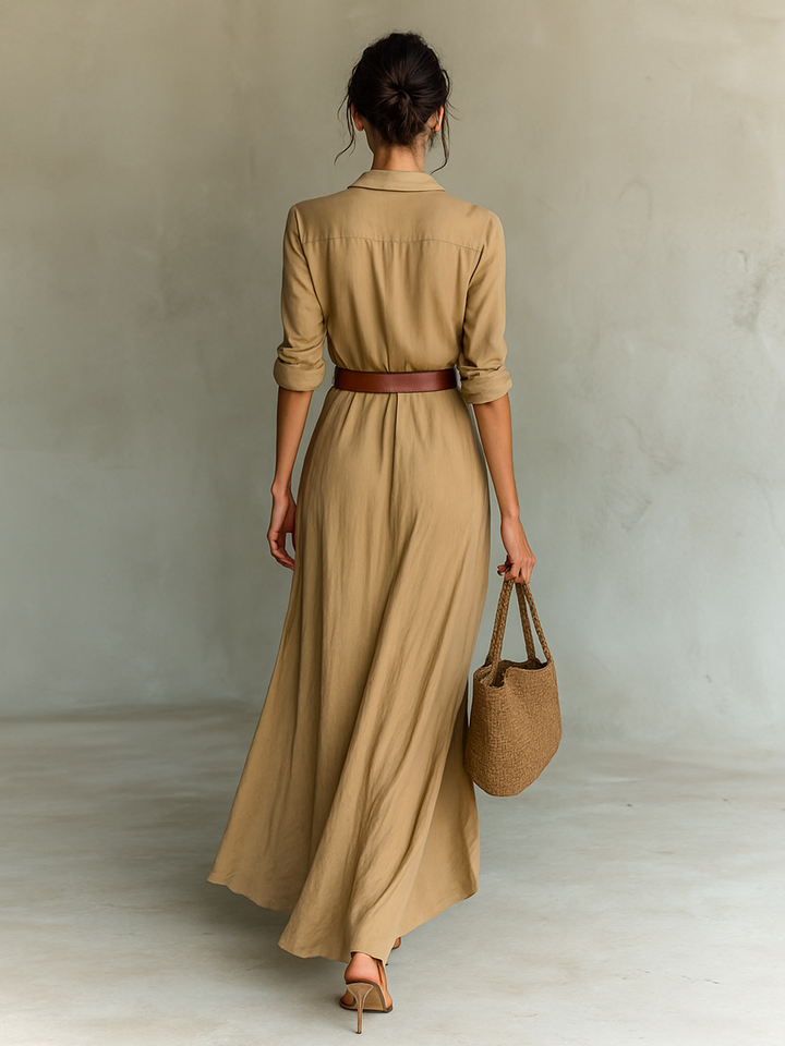Tess | Elegant White Belted Shirt Maxi Dress With Long Sleeves