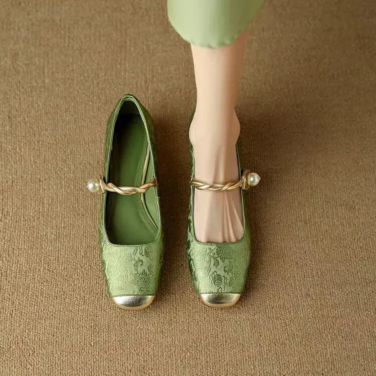Naila | Elegant Pearl Strap Mary Jane Low Heel Pumps