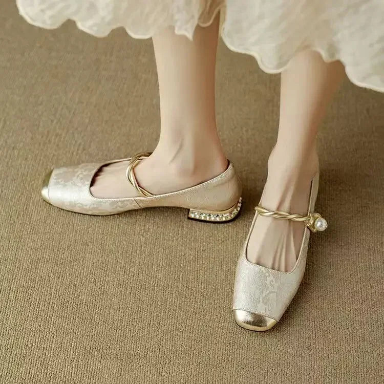 Elena | Elegant Pearl Embellished Mary Jane Low Heel Pumps