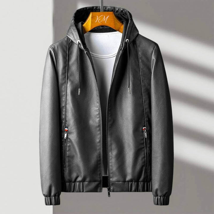 Hazel | Sleek Hooded Brown Leather Zip-Up Jacket For Men