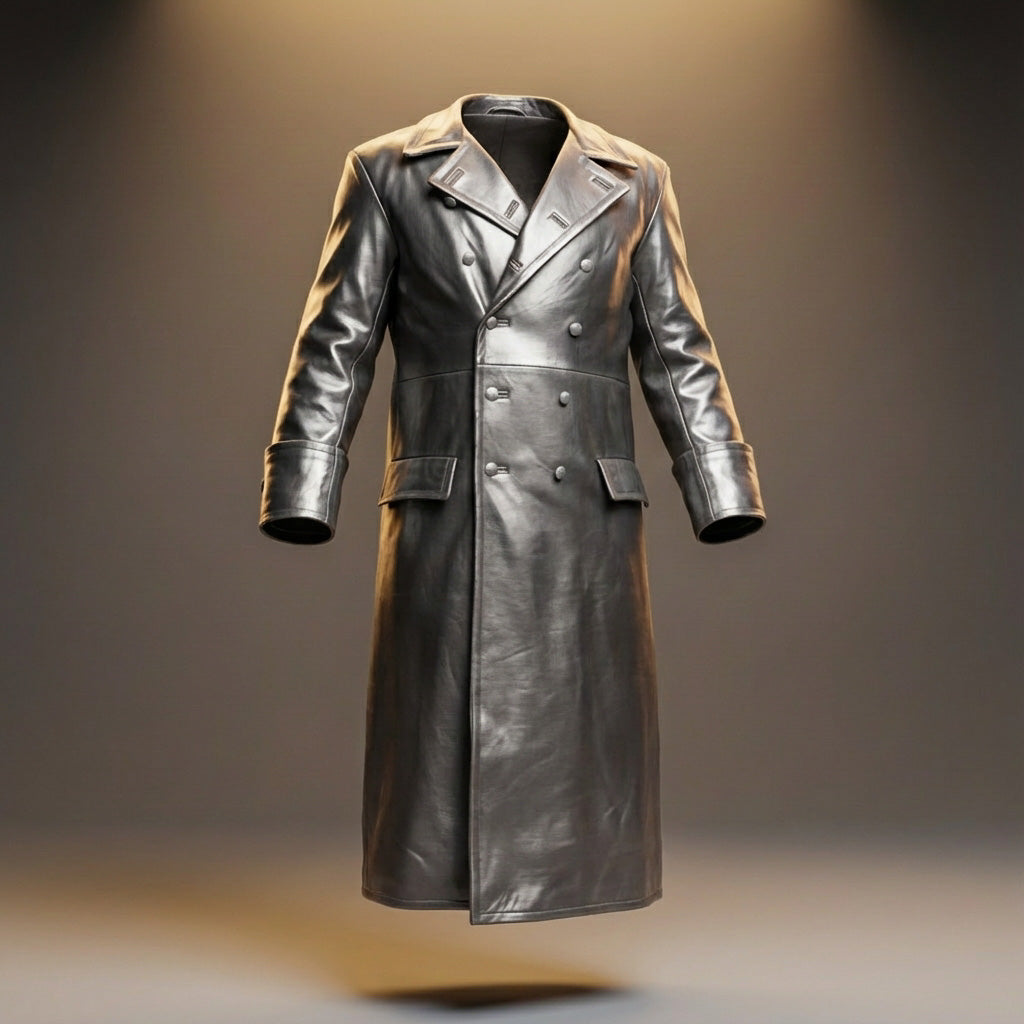 Otto | Elegant Double-Breasted Black Leather Overcoat For Men