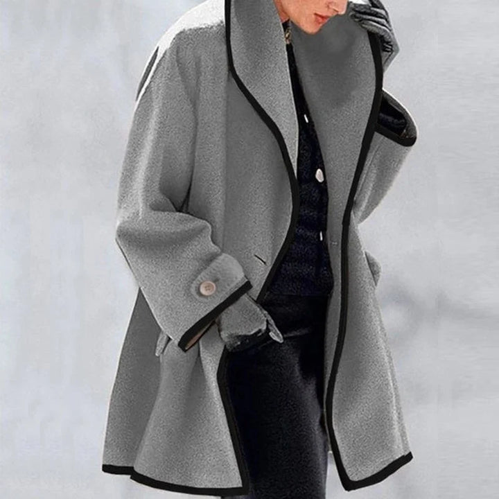 Theodora | Elegant Double Breasted Oversized Coat With Black Trim