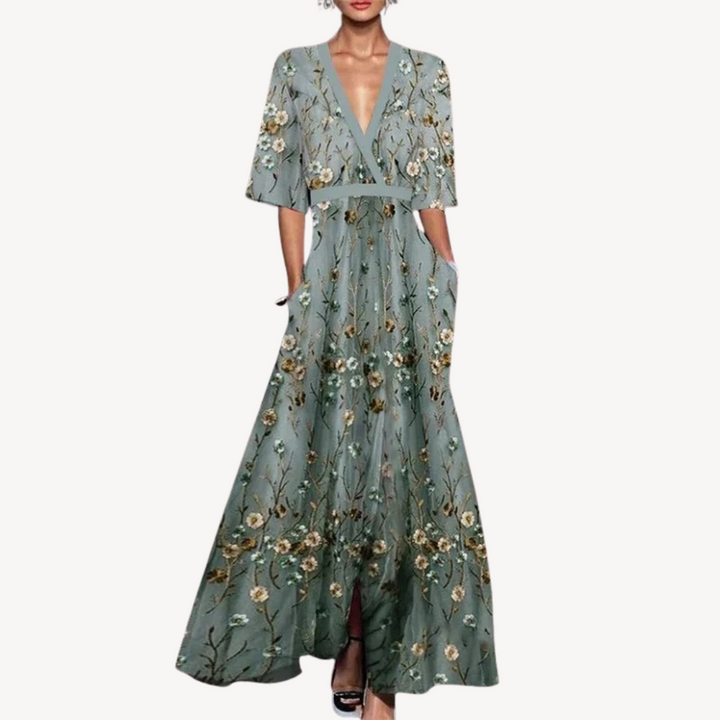 Margot | Elegant V-Neck Wrap Maxi Dress With Contrast Trim