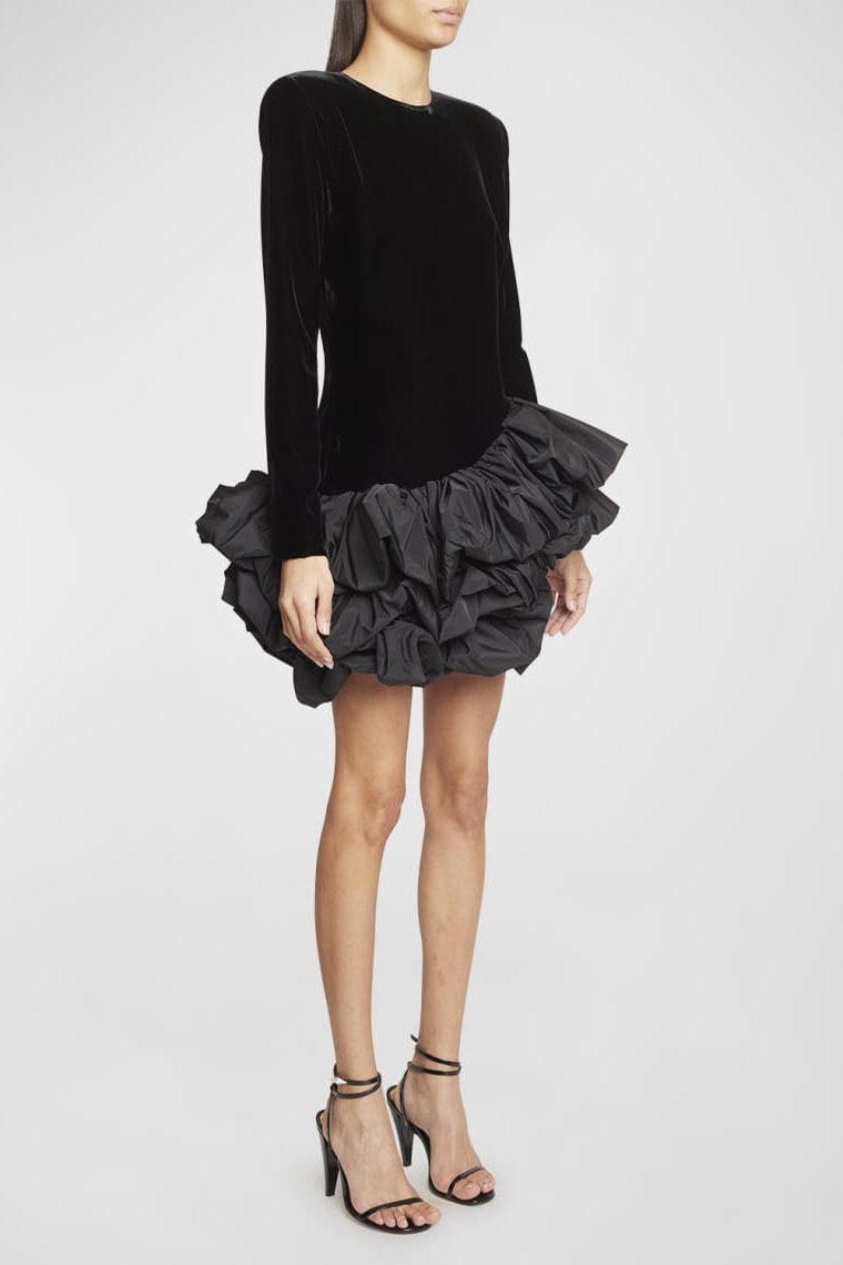 Anastasia | Elegant Black Velvet Mini Dress With Ruffle Details