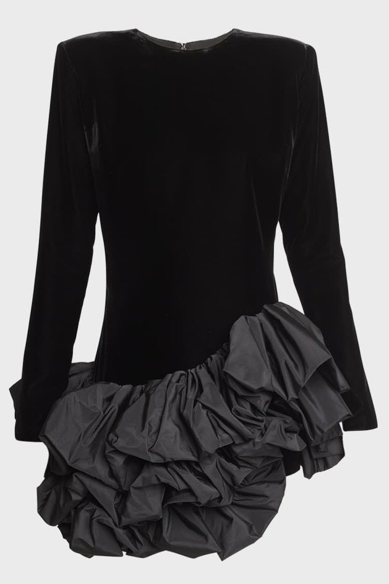 Anastasia | Elegant Black Velvet Mini Dress With Ruffle Details