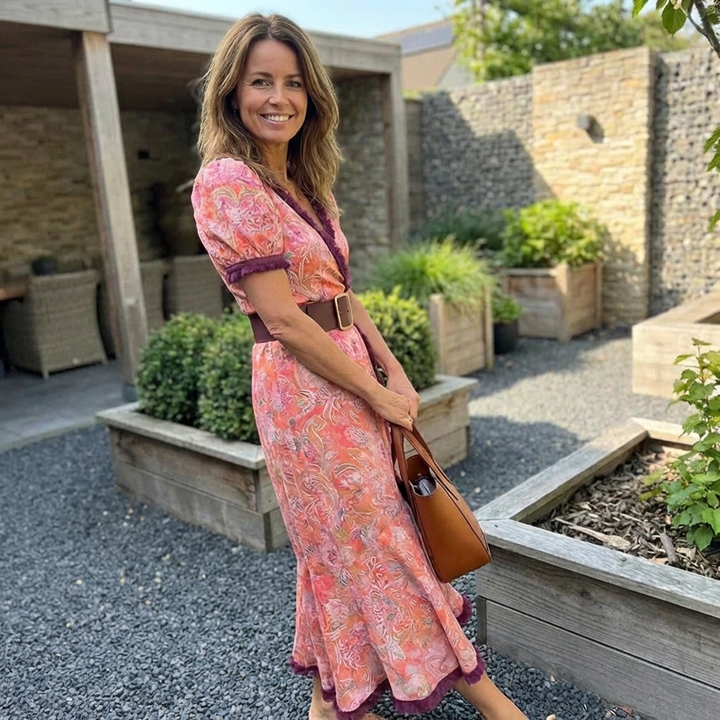 Scarlett | Elegant Wrap V-Neck Floral Maxi Dress With Puff Sleeves