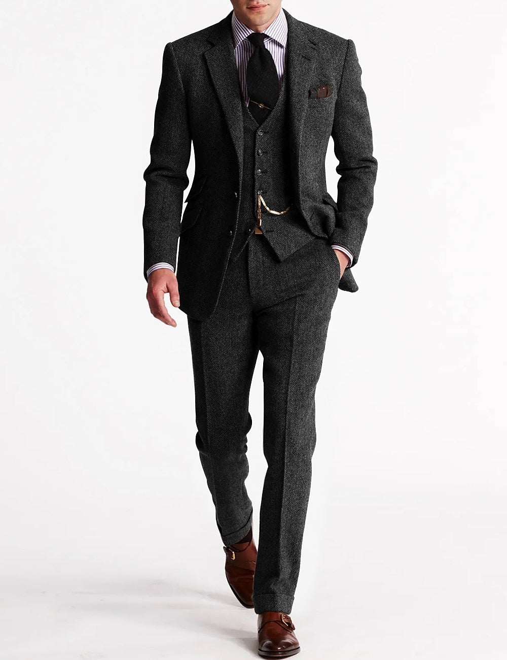 Beatrice | Elegant Men's Brown Three Piece Herringbone Suit With Vest