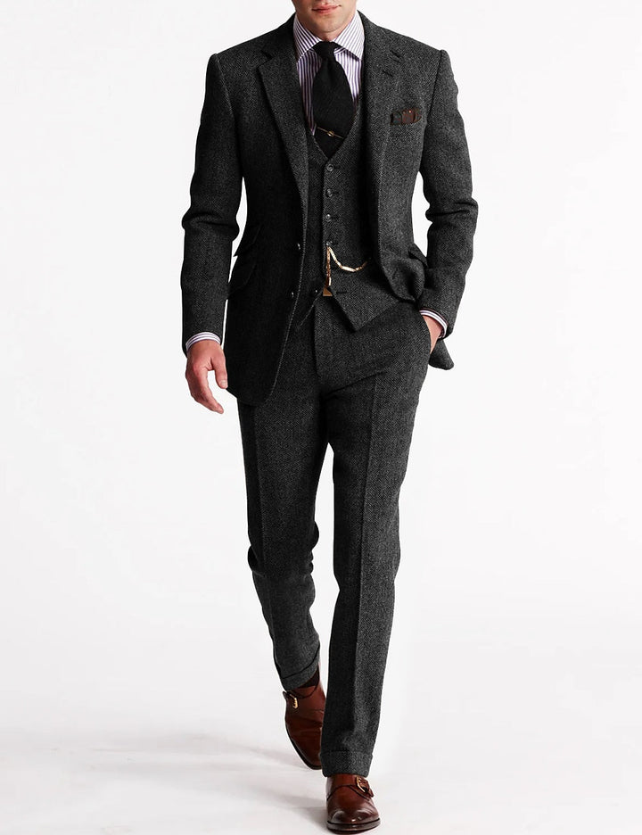 Beatrice | Elegant Men's Brown Three Piece Herringbone Suit With Vest