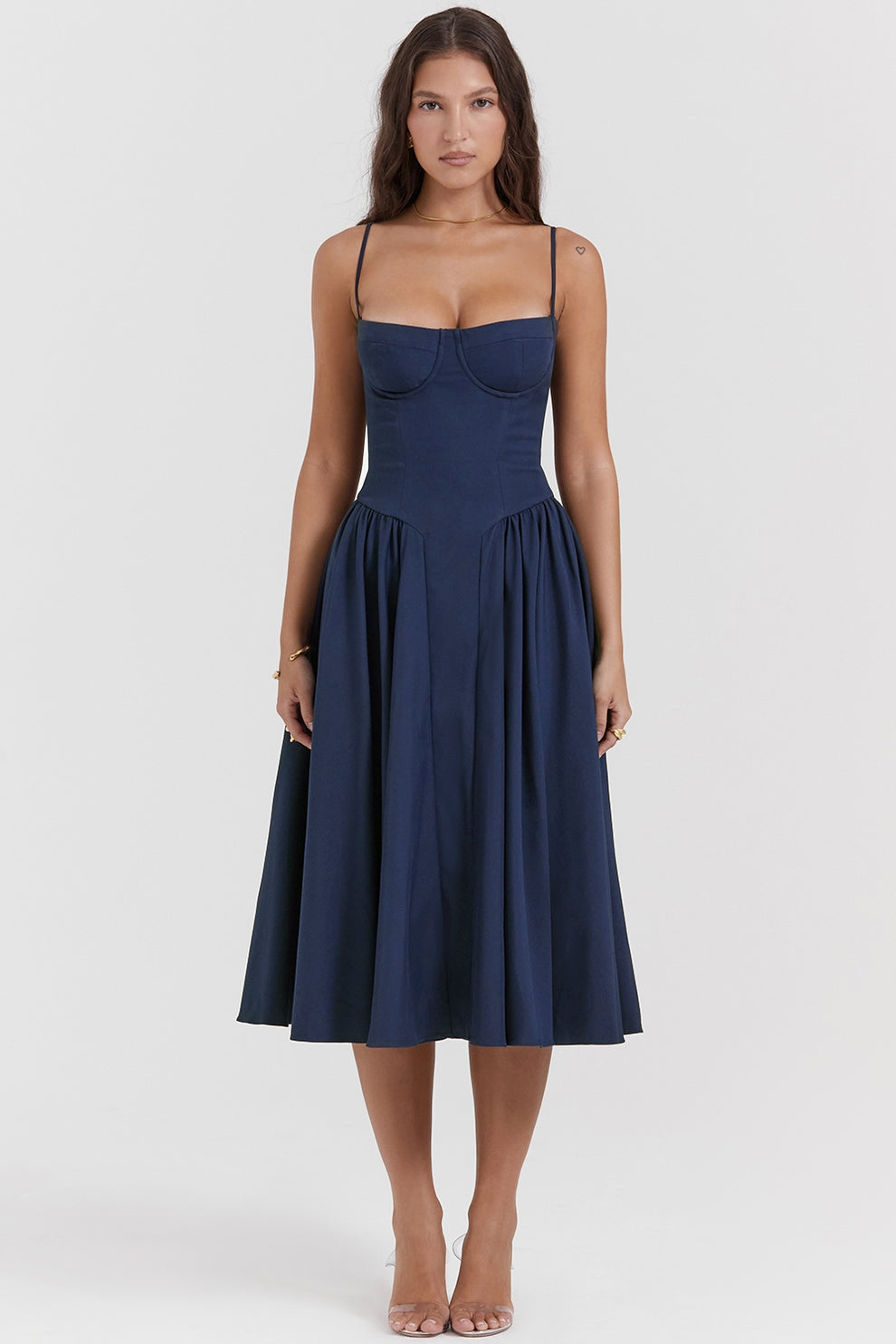 Margot | Elegant Navy Bustier Midi Dress With Fit And Flare Silhouette