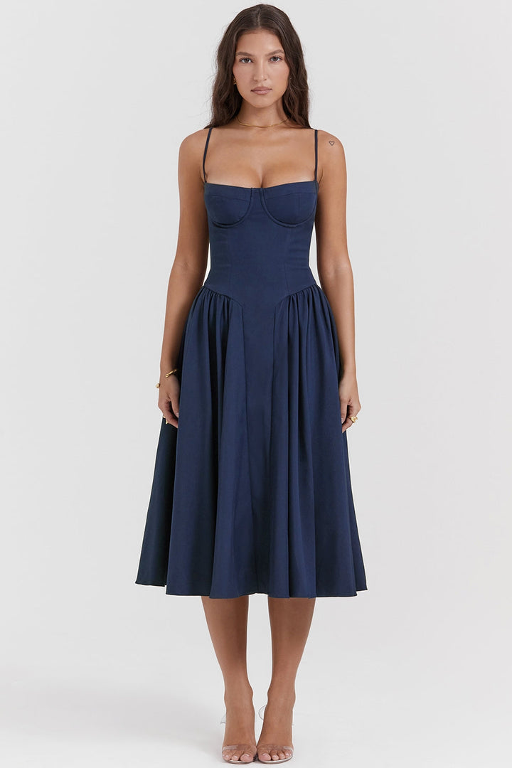 Margot | Elegant Navy Bustier Midi Dress With Fit And Flare Silhouette