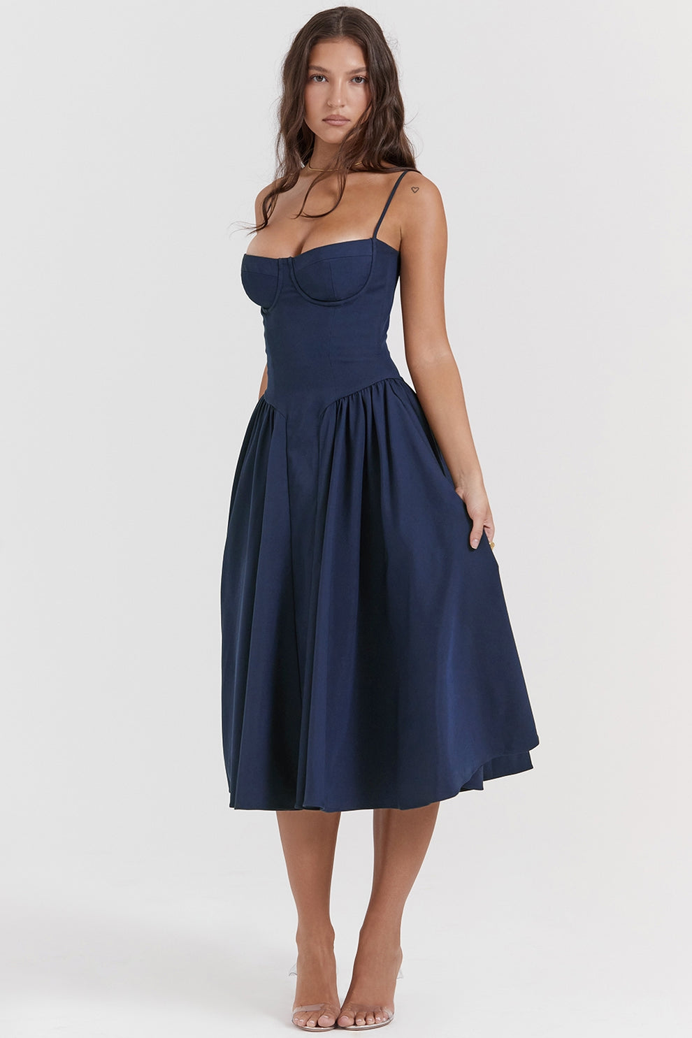Margot | Elegant Navy Bustier Midi Dress With Fit And Flare Silhouette