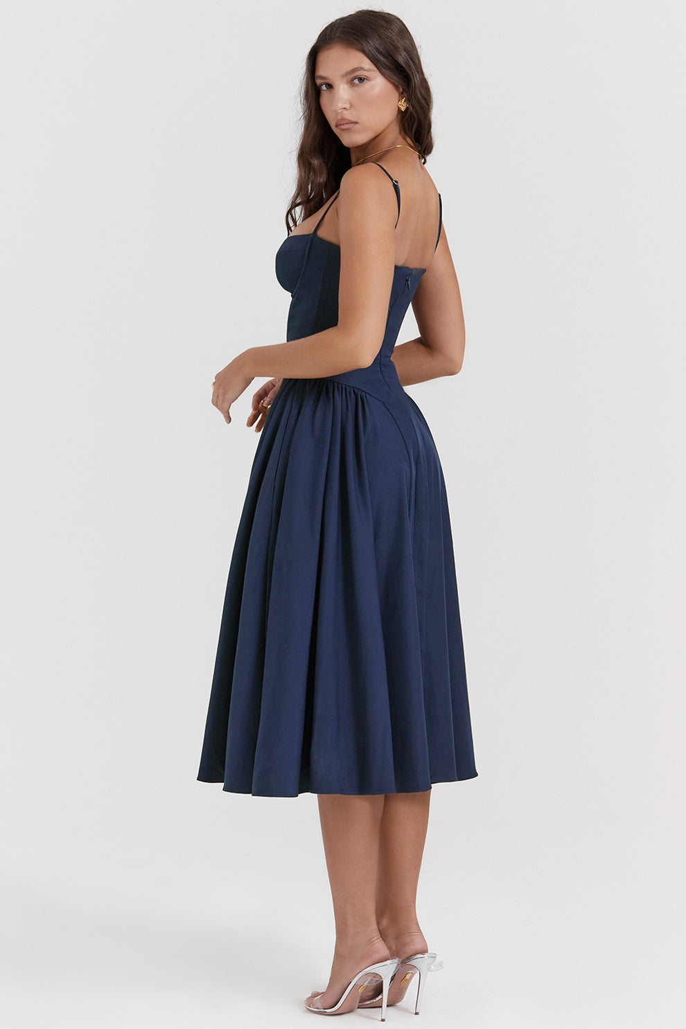 Margot | Elegant Navy Bustier Midi Dress With Fit And Flare Silhouette