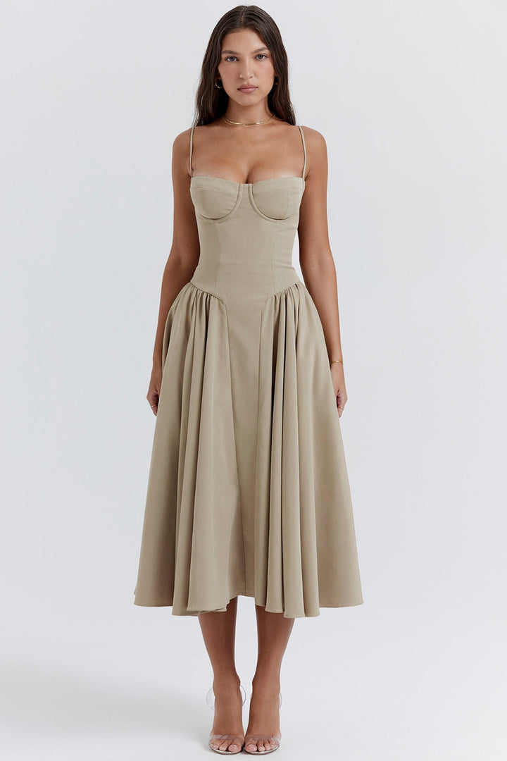 Margot | Elegant Navy Bustier Midi Dress With Fit And Flare Silhouette