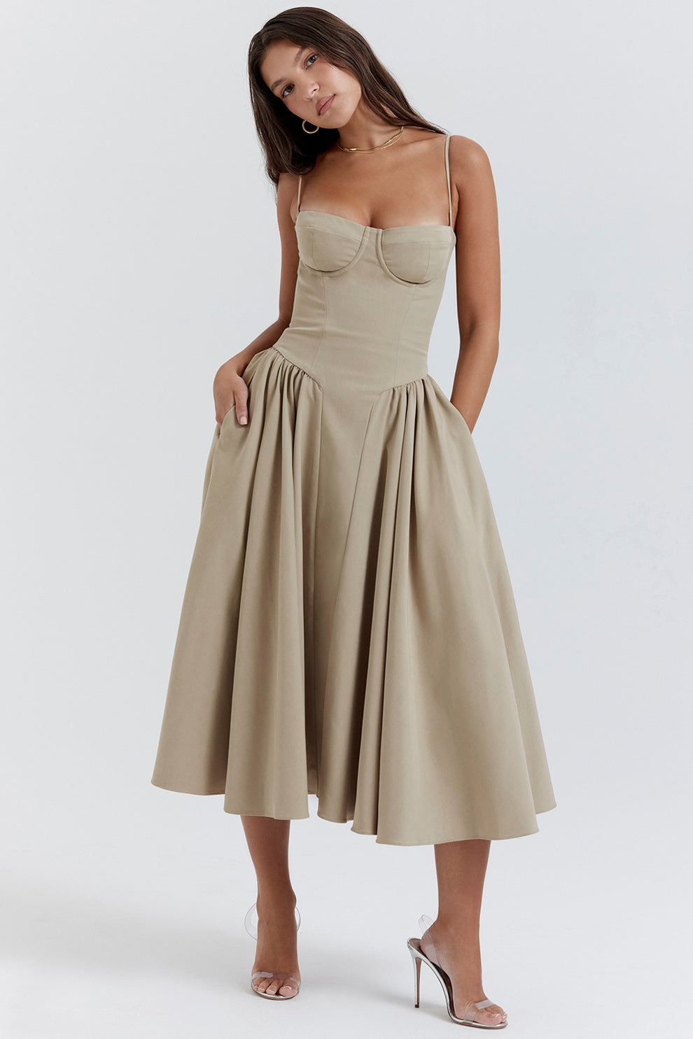 Margot | Elegant Navy Bustier Midi Dress With Fit And Flare Silhouette