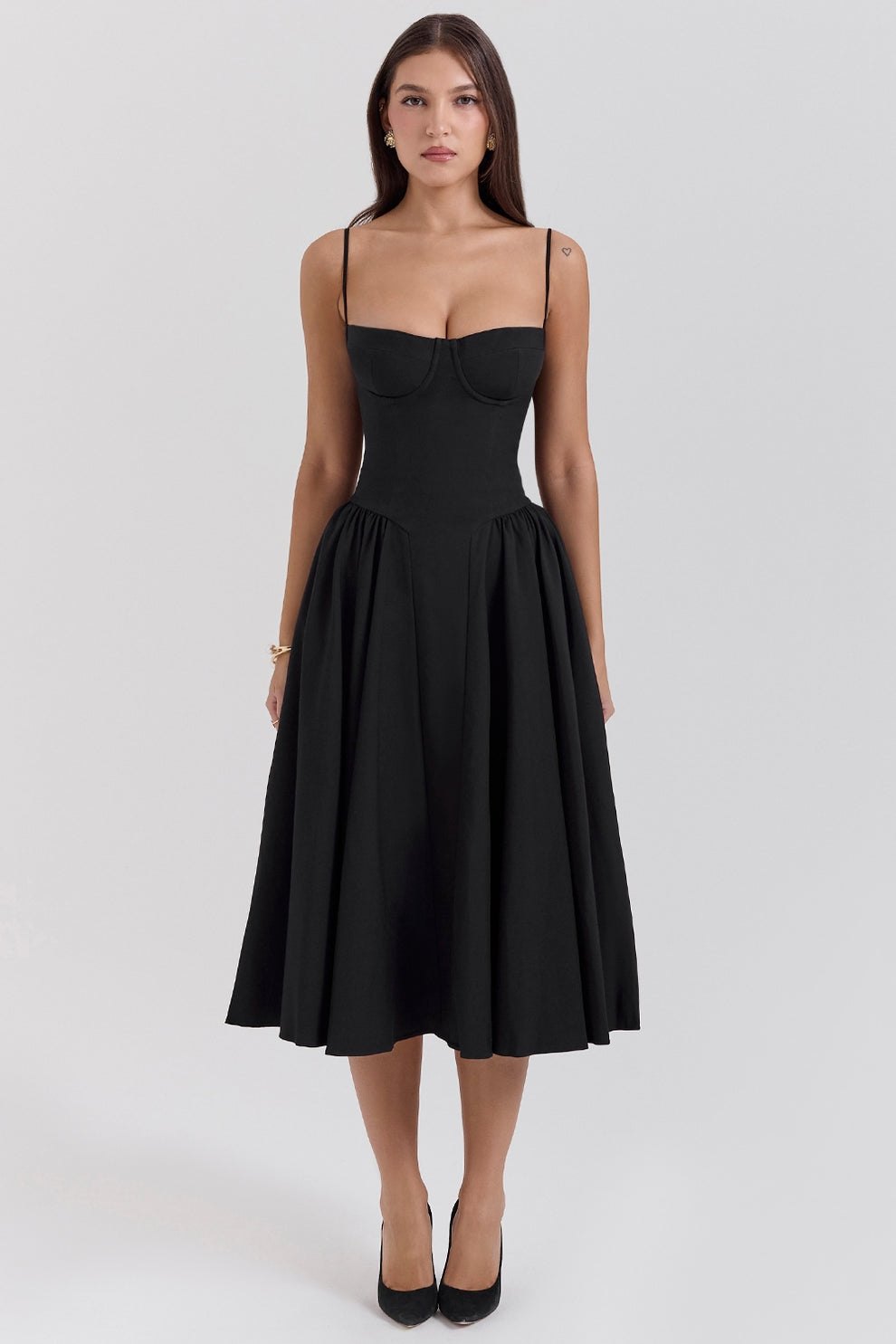 Margot | Elegant Navy Bustier Midi Dress With Fit And Flare Silhouette