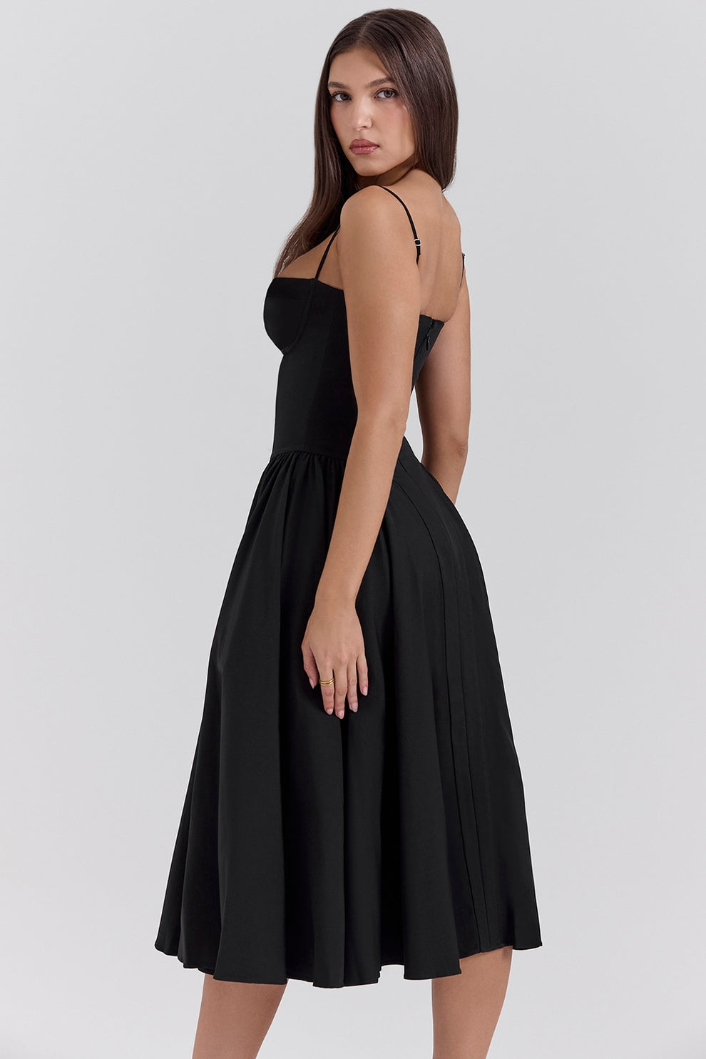 Margot | Elegant Navy Bustier Midi Dress With Fit And Flare Silhouette