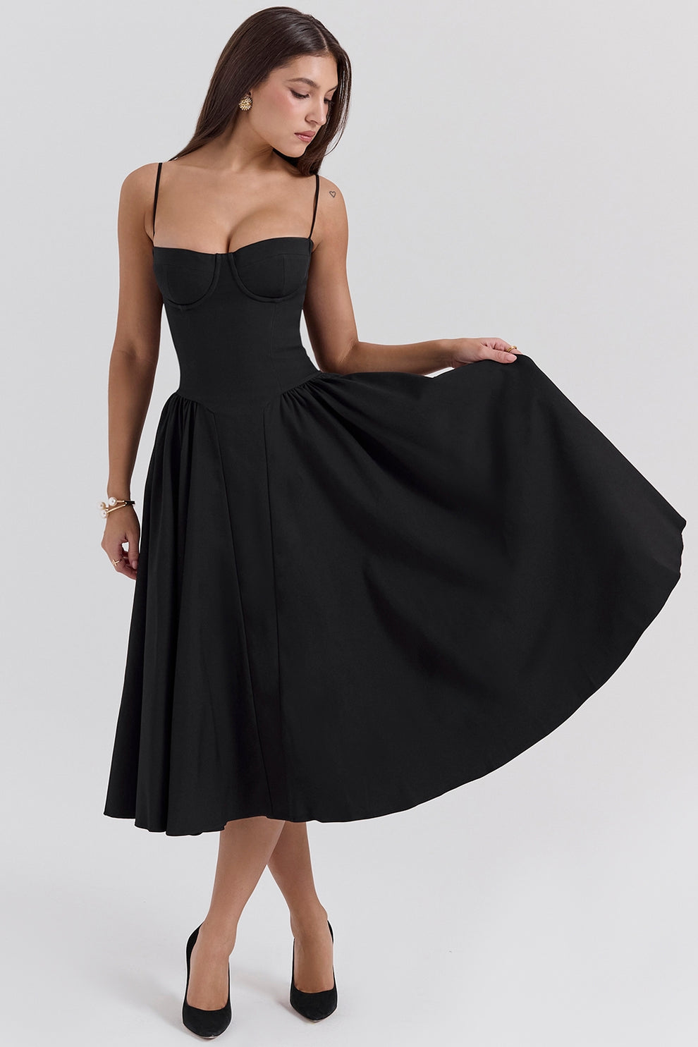 Margot | Elegant Navy Bustier Midi Dress With Fit And Flare Silhouette
