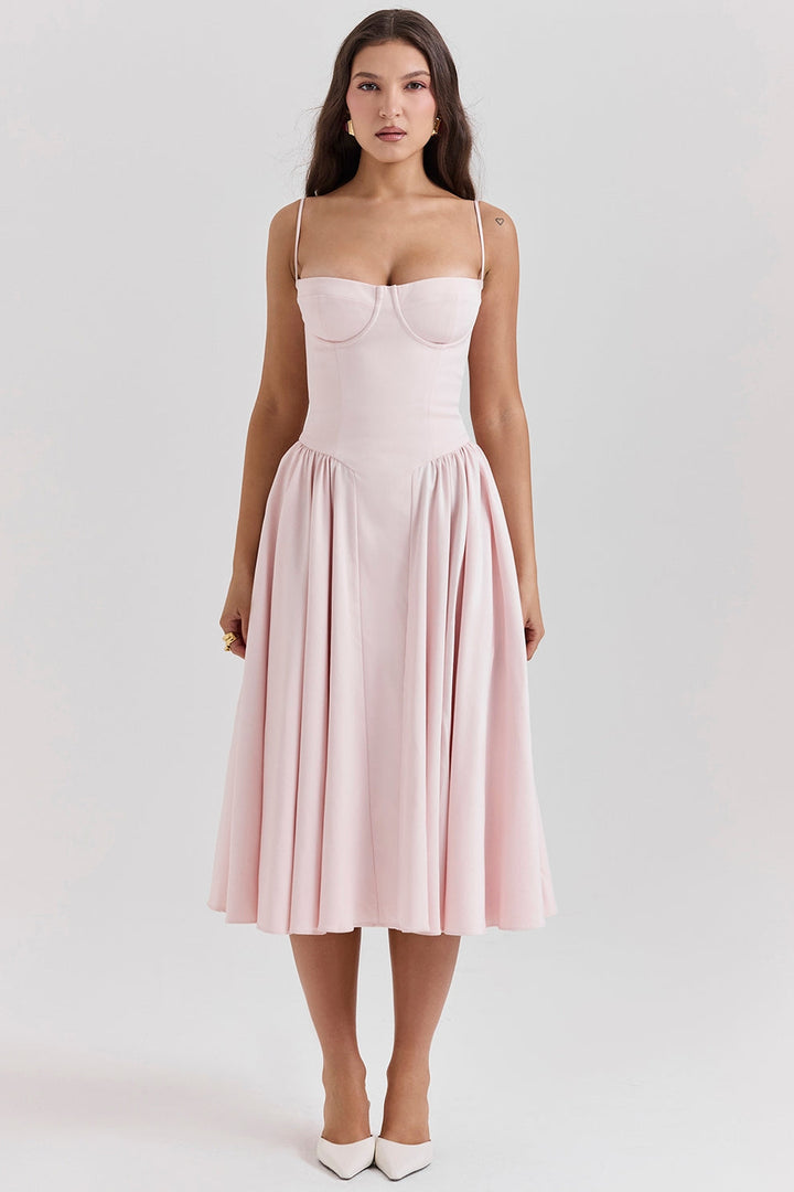Margot | Elegant Navy Bustier Midi Dress With Fit And Flare Silhouette