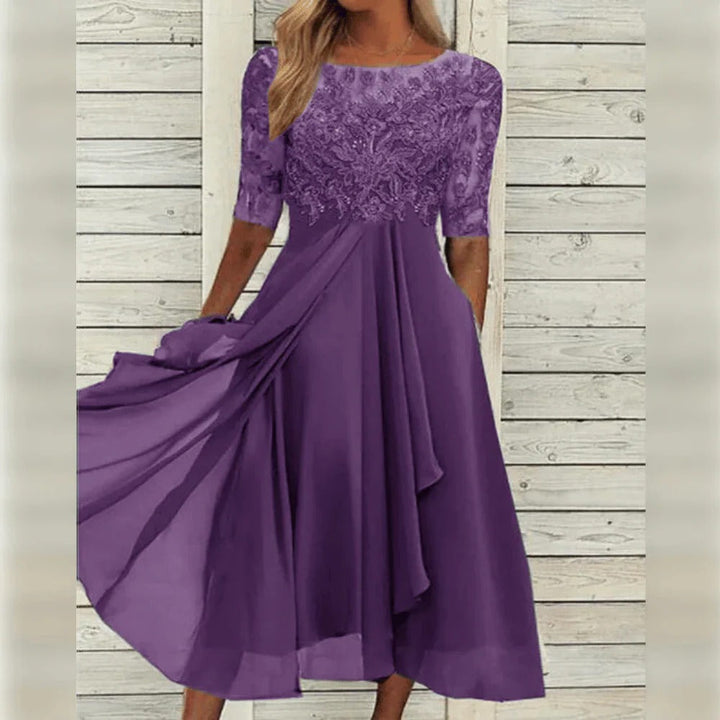 Evy | Elegant Lace Bodice Midi Dress With Flutter Sleeves