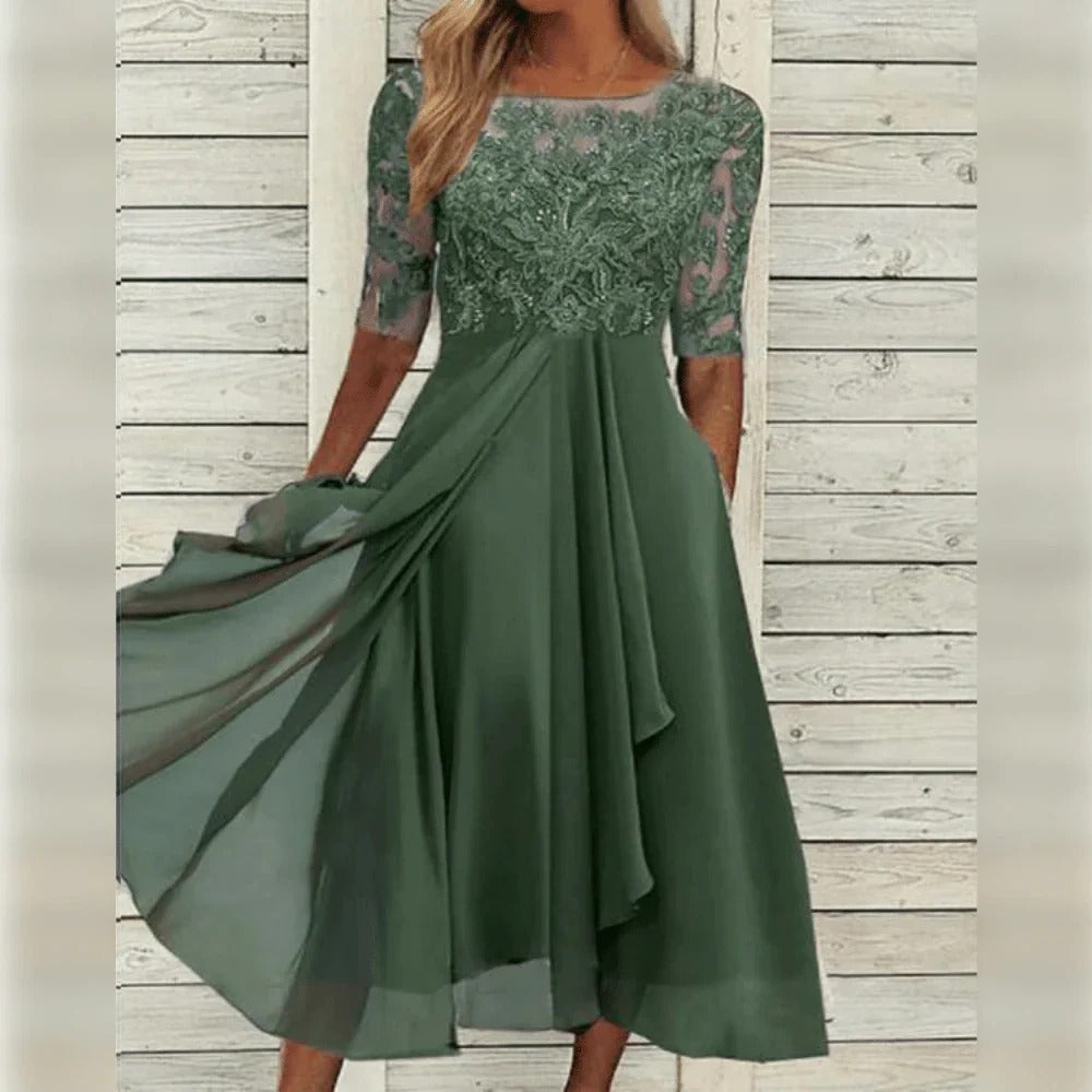 Evy | Elegant Lace Bodice Midi Dress With Flutter Sleeves