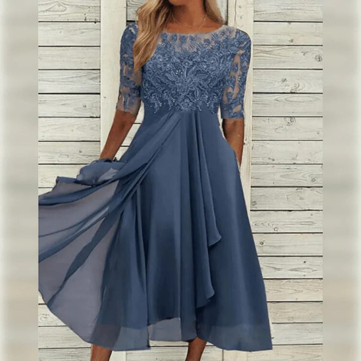 Evy | Elegant Lace Bodice Midi Dress With Flutter Sleeves