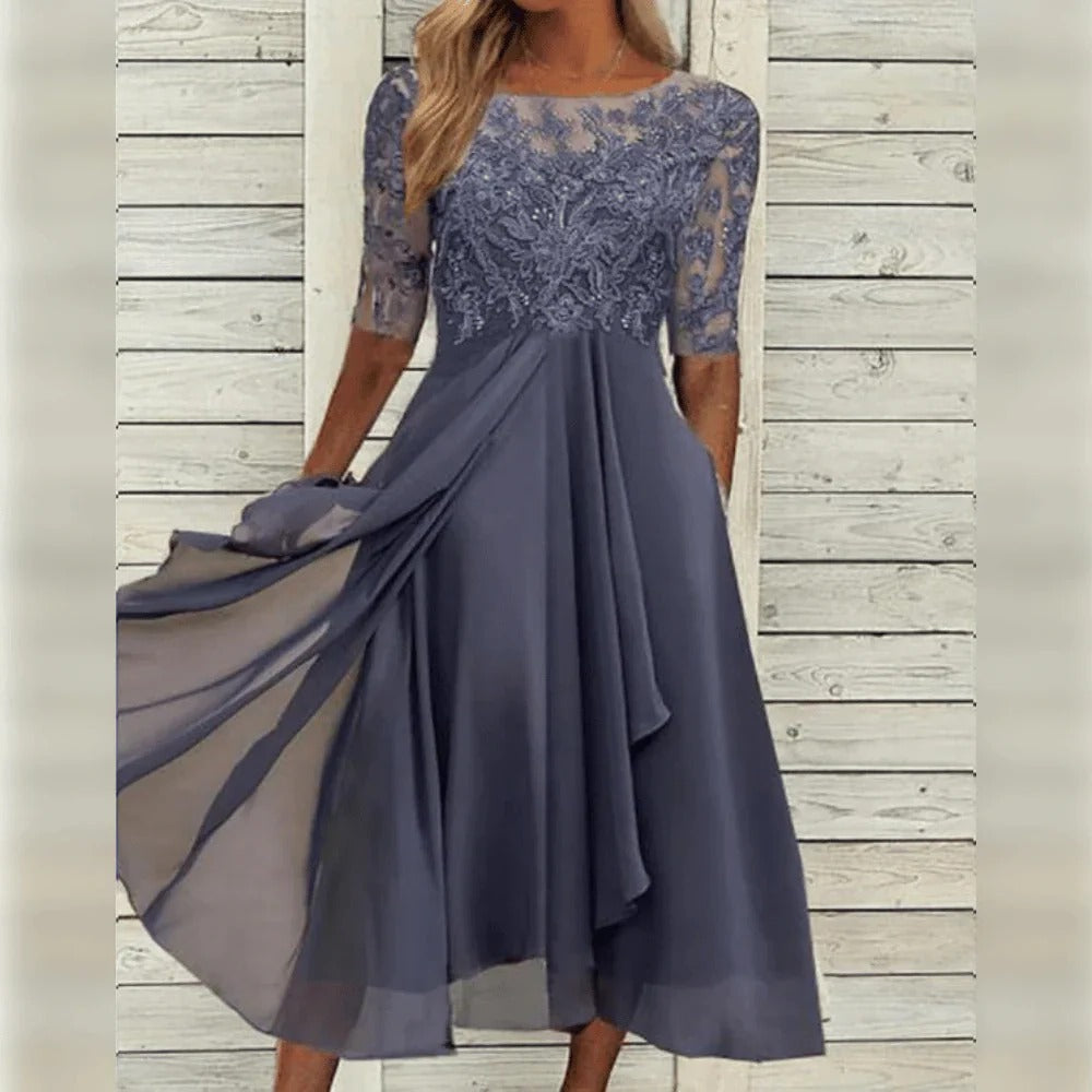 Evy | Elegant Lace Bodice Midi Dress With Flutter Sleeves