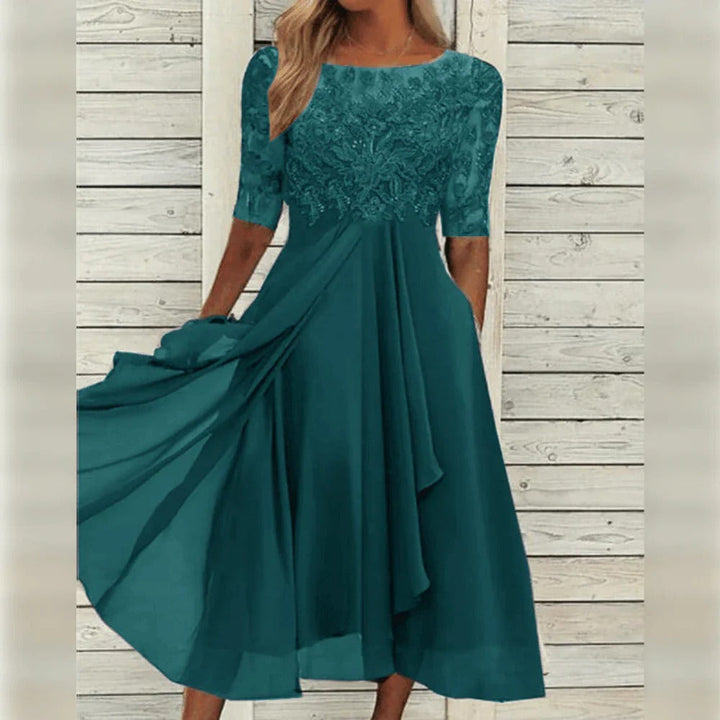 Evy | Elegant Lace Bodice Midi Dress With Flutter Sleeves