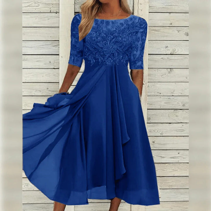 Evy | Elegant Lace Bodice Midi Dress With Flutter Sleeves