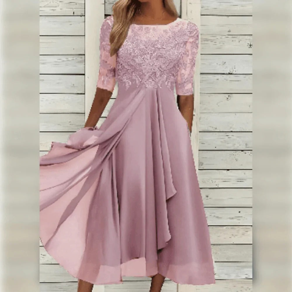 Evy | Elegant Lace Bodice Midi Dress With Flutter Sleeves