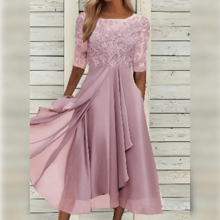 Evy | Elegant Lace Bodice Midi Dress With Flutter Sleeves