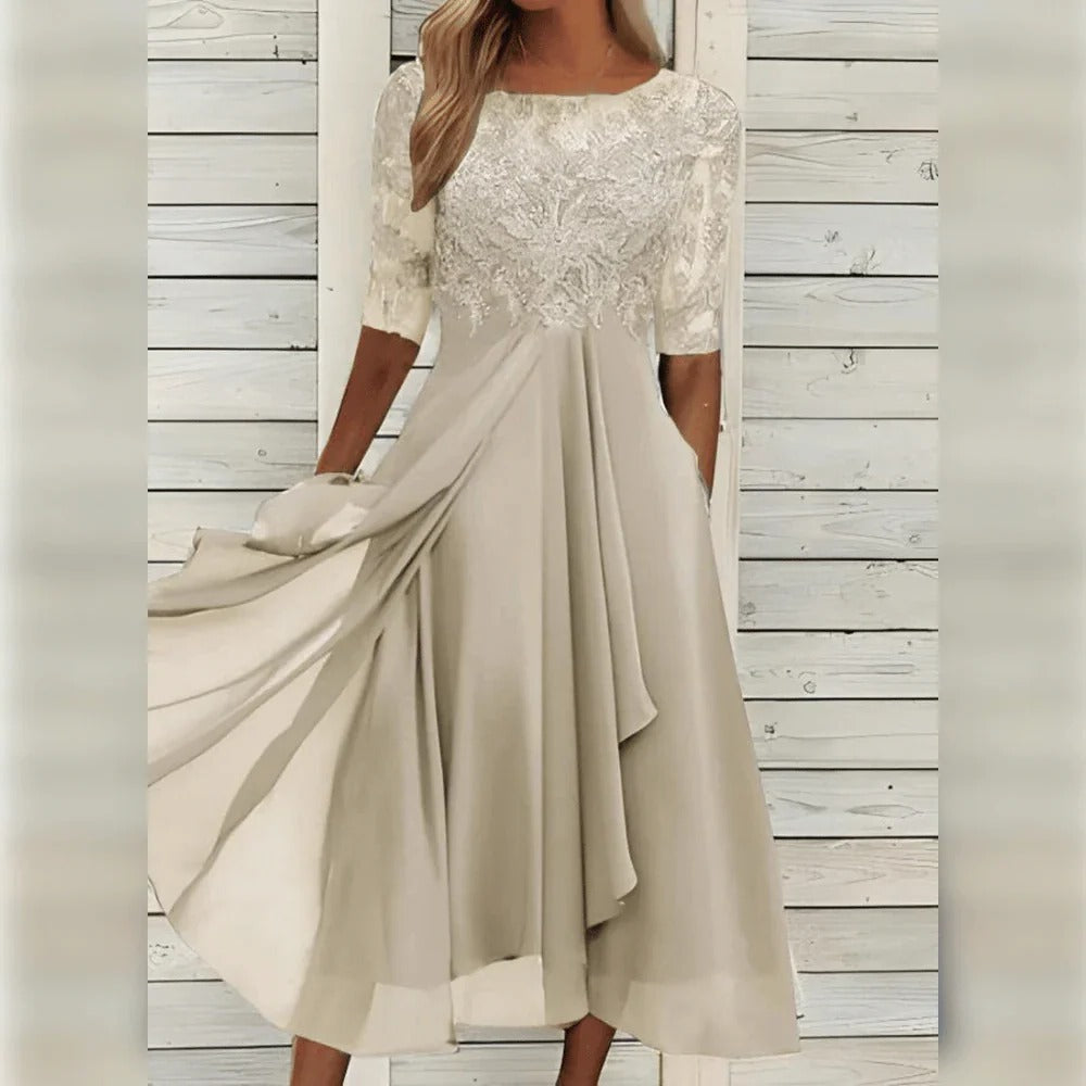 Evy | Elegant Lace Bodice Midi Dress With Flutter Sleeves