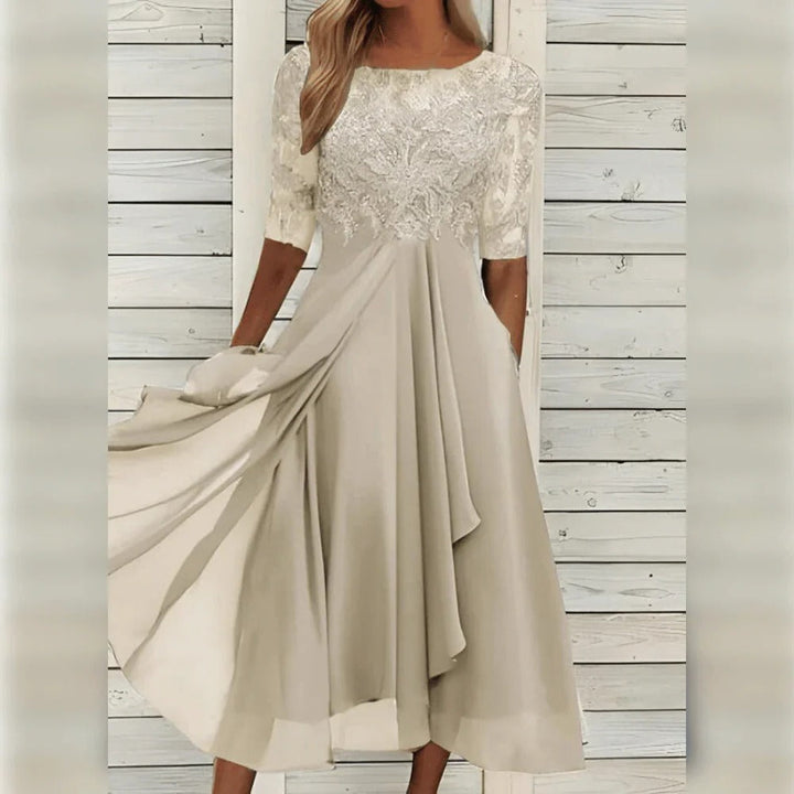 Evy | Elegant Lace Bodice Midi Dress With Flutter Sleeves