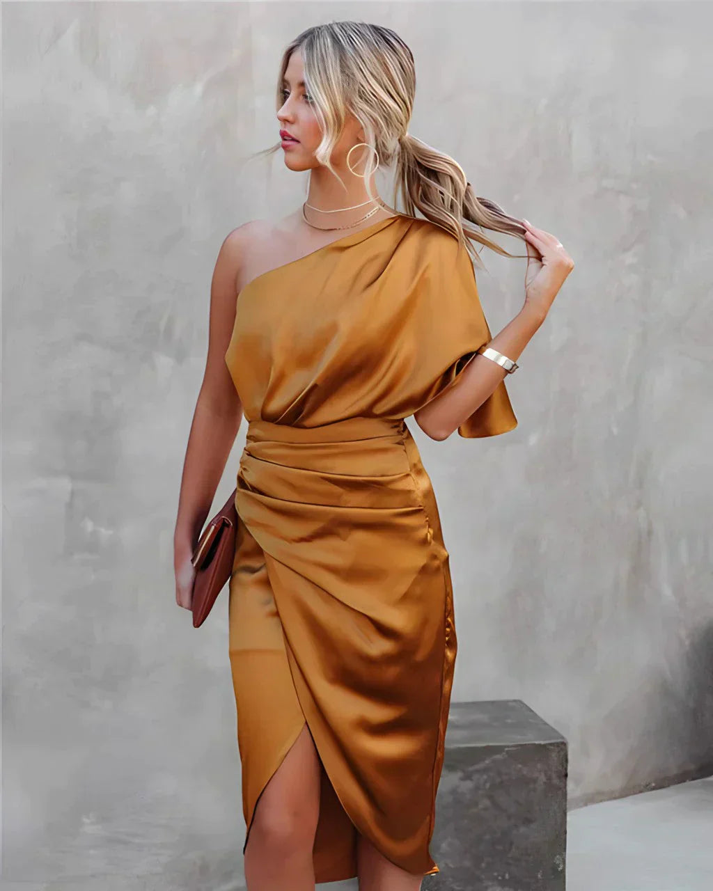 Phoebe | Elegant One Shoulder Ruched Midi Dress