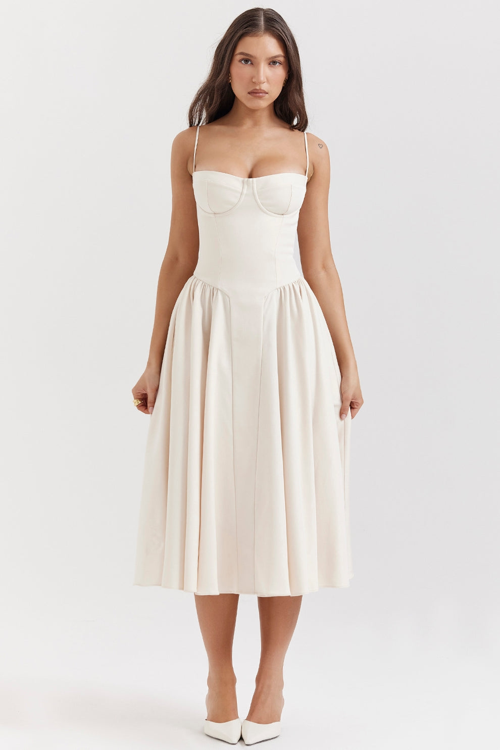Margot | Elegant Navy Bustier Midi Dress With Fit And Flare Silhouette