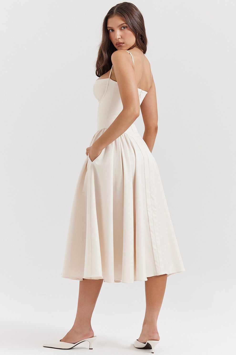 Margot | Elegant Navy Bustier Midi Dress With Fit And Flare Silhouette