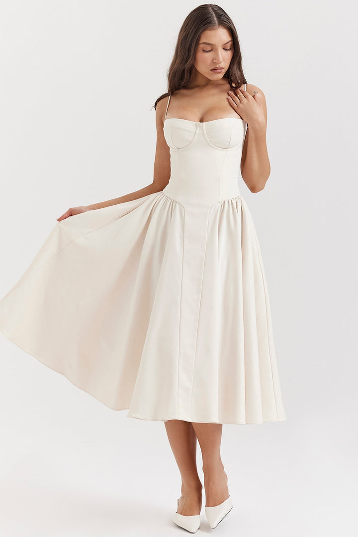 Margot | Elegant Navy Bustier Midi Dress With Fit And Flare Silhouette