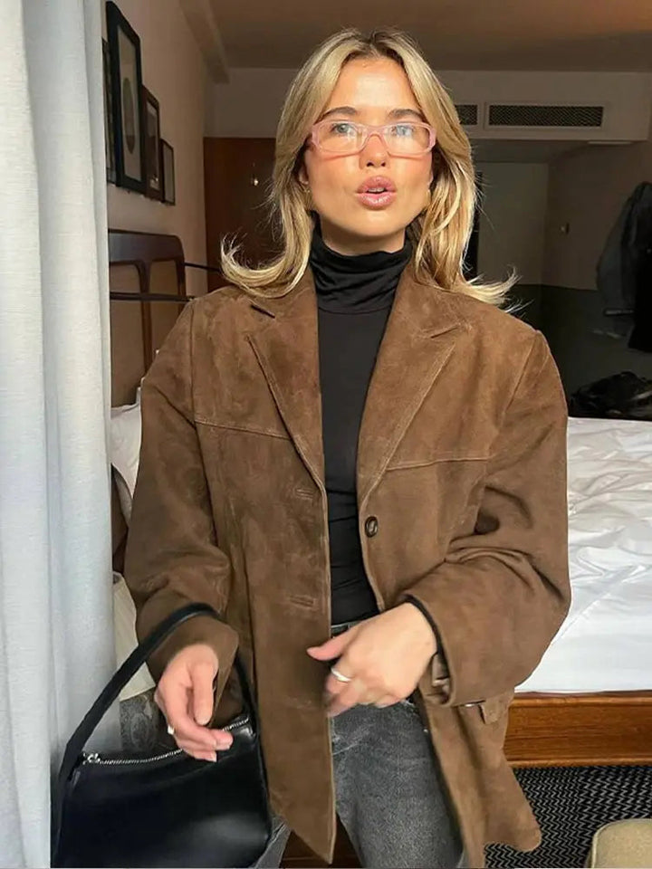 Celinda | Chic Brown Suede Blazer With Oversized Silhouette